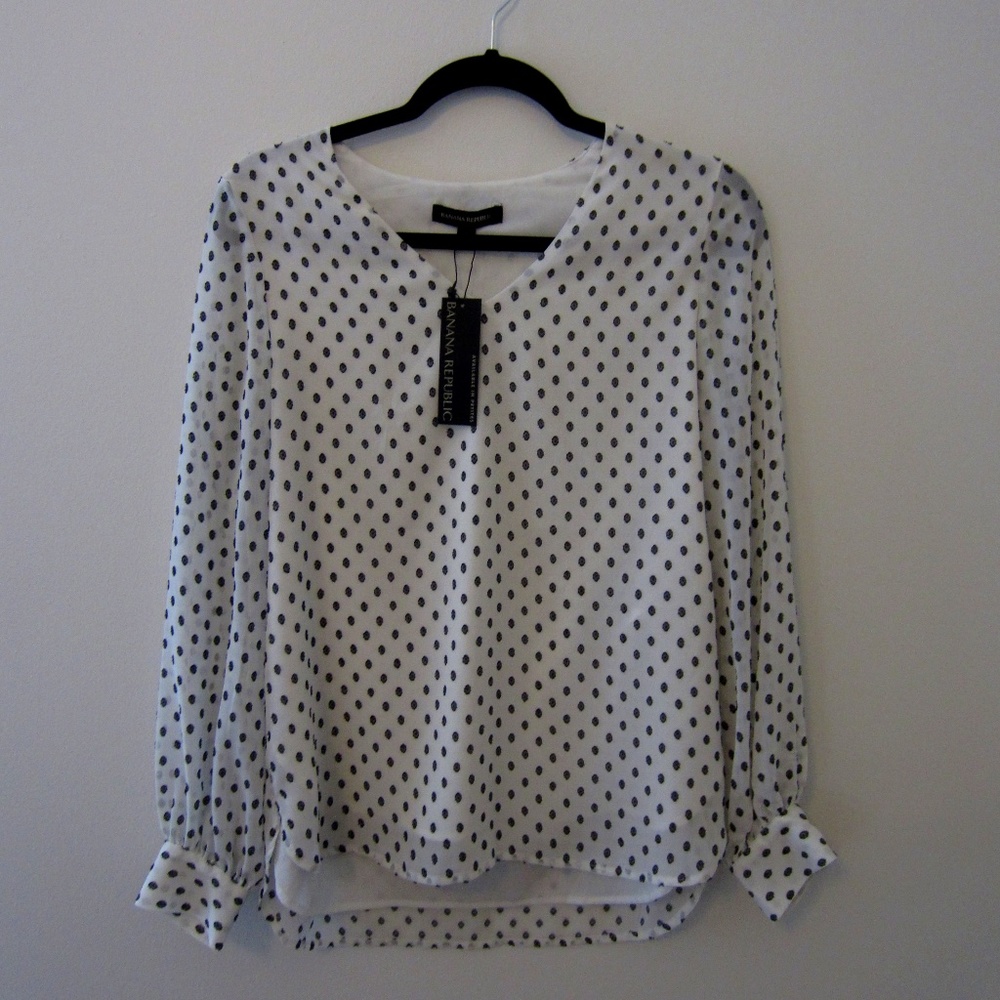 Banana Republic Blouse Long Sleeve/XS/White with Black Embroidered Dots